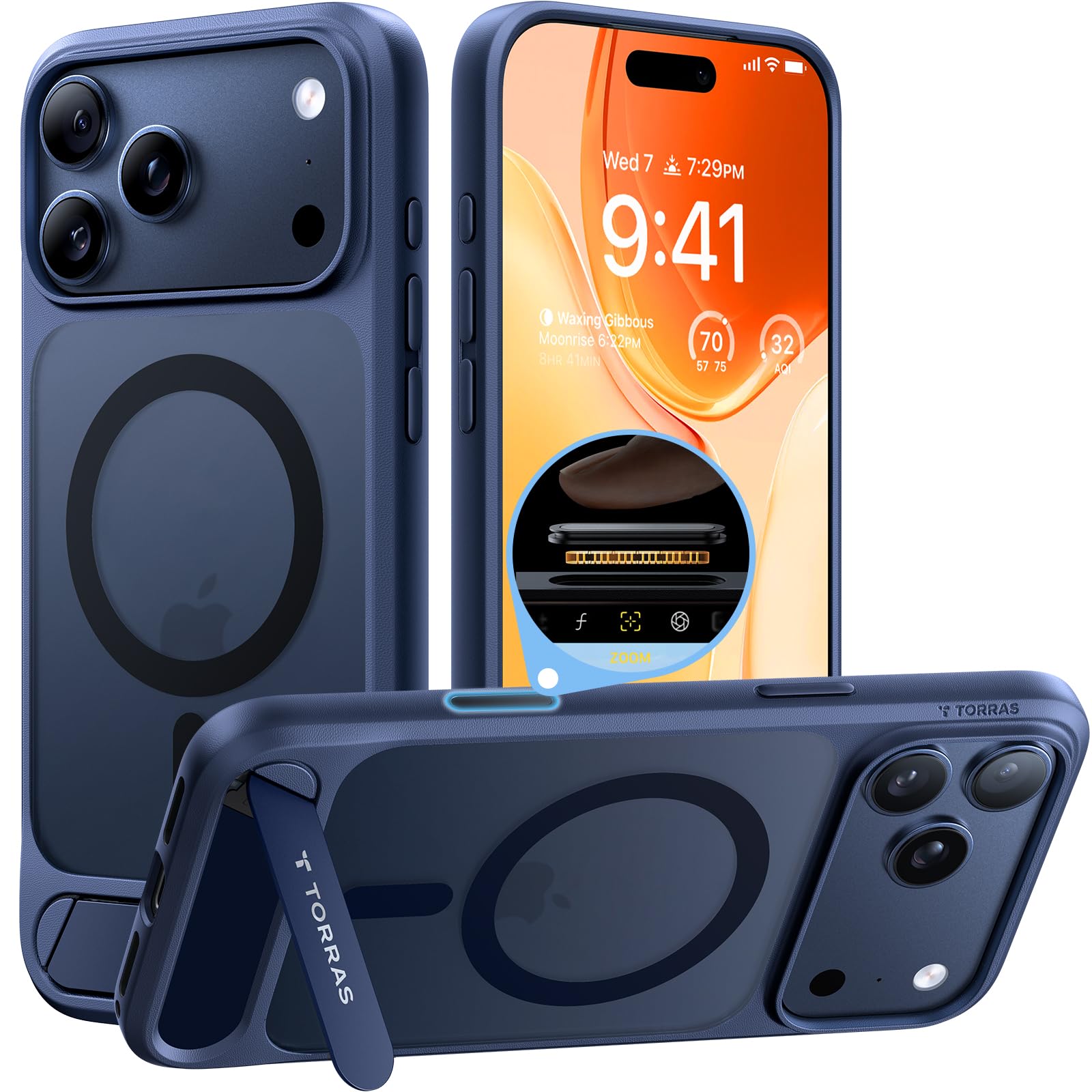 Photo 1 of TORRAS Strong Magnetic & Seamless Stand for iPhone 17 Pro Max Case, Fit for MagSafe, Military Grade Drop Protection, Adjustable Kickstand Slim for iPhone 17 Pro Max Case Translucent Matte Deep Blue