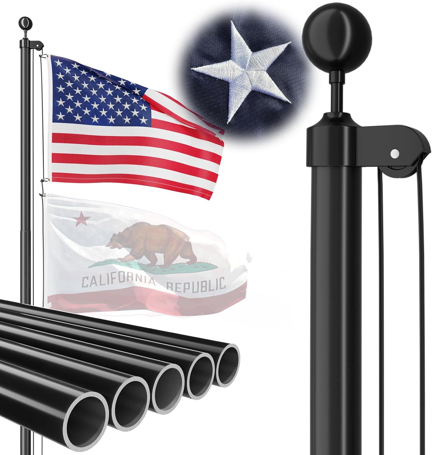 Flagpole Hardware - FFILY Heavy Duty Flag Pole - 25 FT 12 Gauge Extra Thick Aluminum Flagpole Kit for Outside House In Ground - 100MPH Wind Tested