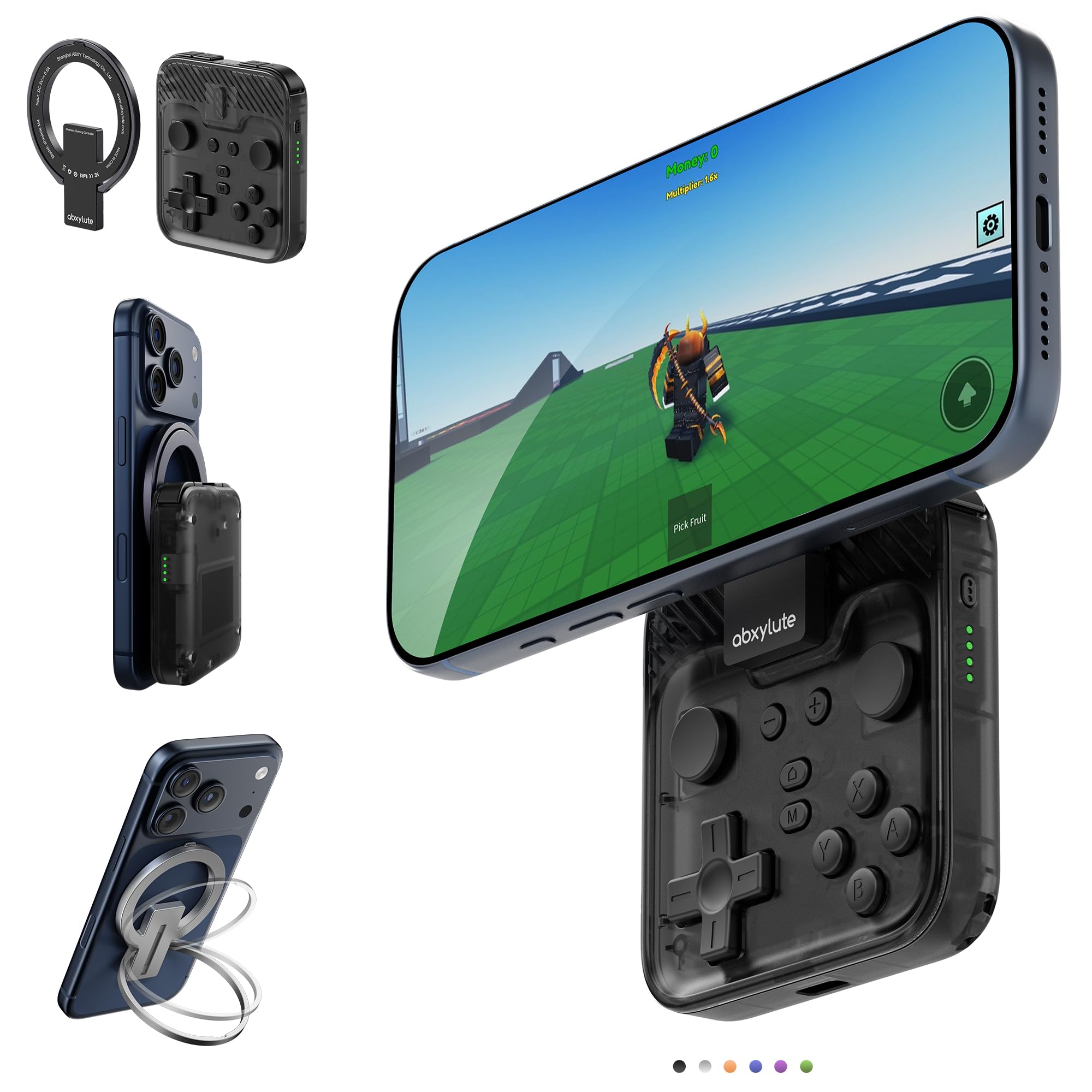 abxylute M4 Snap-On Mobile Gaming Controller for Android & iPhone, Switch 1&2, Portable Bluetooth Mini Controller, Pocket-Sized Retro Emulator Gamepad w/Stand, Dual Joystick Turbo Pro Gaming, Magnetic (Black)