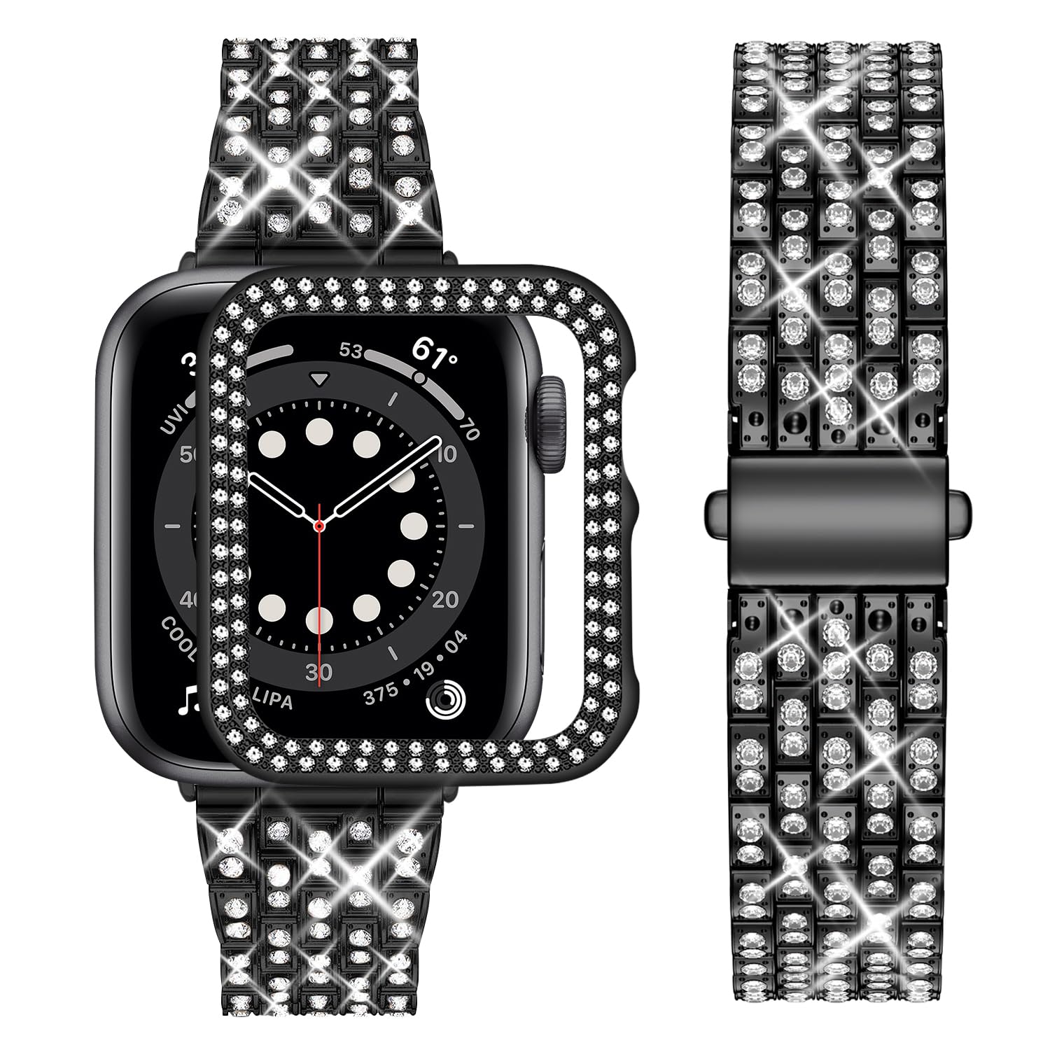 wutwuk Compatible Bling Apple Watch Straps 44mm with Bling Case, Black Sparkling Metal Woman iWatch Replacement Strap, Diamond Rhinestone Wristband for Apple Watch SE3/2/1 Series 6/5/4 44mm-Black