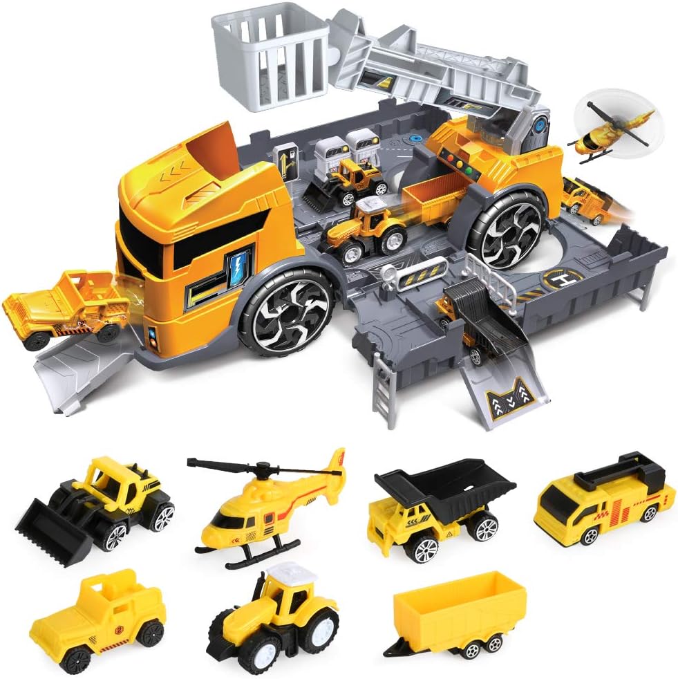 LBLA Construction Truck Toys Set,Toys for 3 Years Old Boys,Transport Car Carrier Truck with Excavator,Dumper,Bulldozer,Helicopter etc,Car Toy Set for 3 4 5 Years Old Toddlers Kids Boys