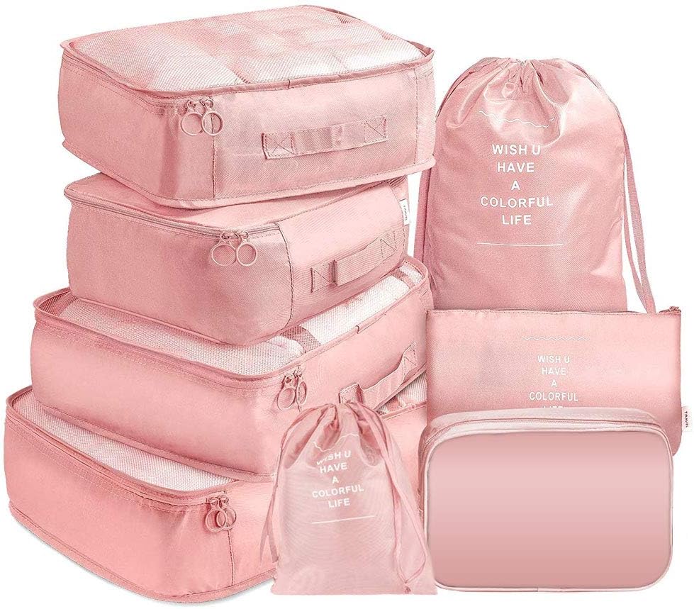 Set of 8 Packing Cubes, Waterproof Travel Suitcase Organiser Luggage Compression Pouches for Dry Clothes, Shoes, Underwear, Cosmetics, Books, Candies and More