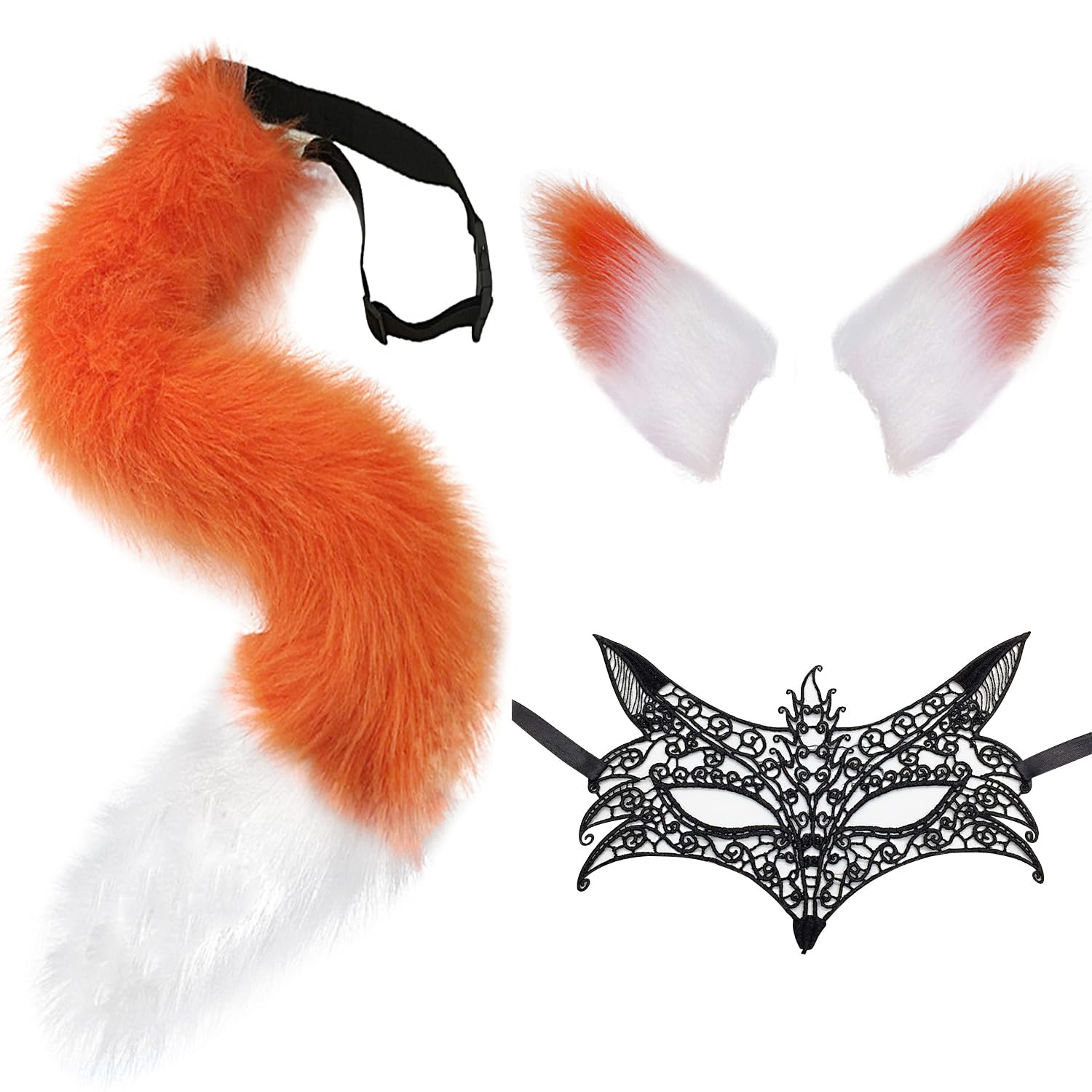 DRESHOW Faux Fur Wolf Tail Cat Ears Hair Clip Lace Masquerade Mask Set Wolf Fox Cosplay Costume Animal Dress Up Fancy Dress Accessories Halloween Role Play Party Costume