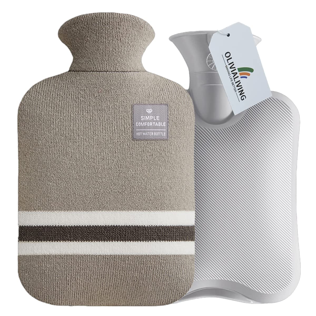 OliviaLiving Hot Water Bag Hot Water Bottle 2 Liter Heat Up and Refreezable Hot Cold Pack with Classic Striped Cover for Pain Relief Hot Cold Therapy