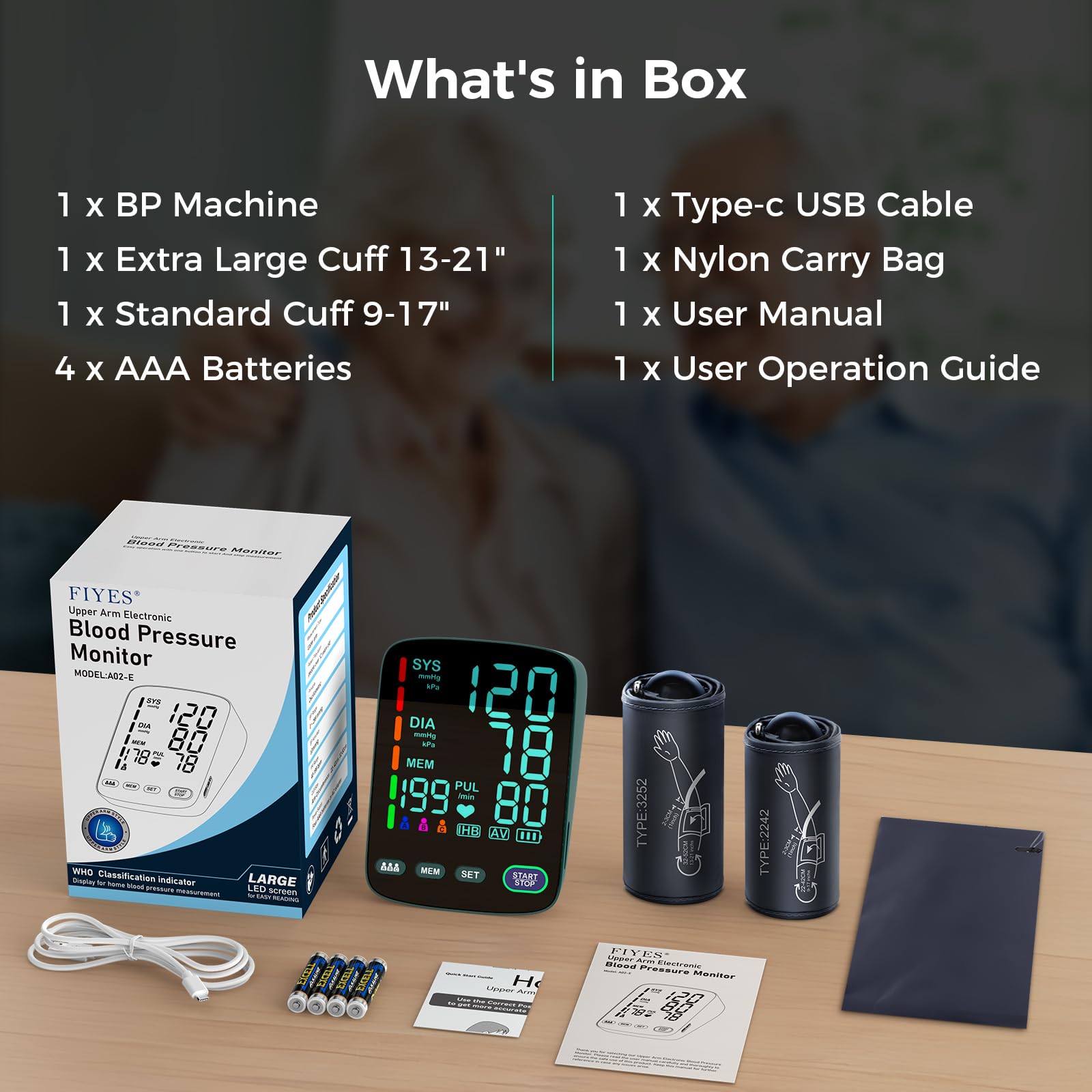 Blood Pressure Monitor,2 Cuff Sizes Automatic Upper Arm Blood Pressure Machine,9-17'' & 13-21'' Extra Large Blood Pressure Cuff Large LED Backlit Screen-3 User Mode/USB Cable and 4 AAA Batteries