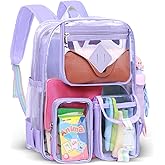 Rinooau Clear Backpack for Stadium Events, Large Heavy Duty PVC Transparent Backpacks for Girls Women, See Through Backpack for School, Purple