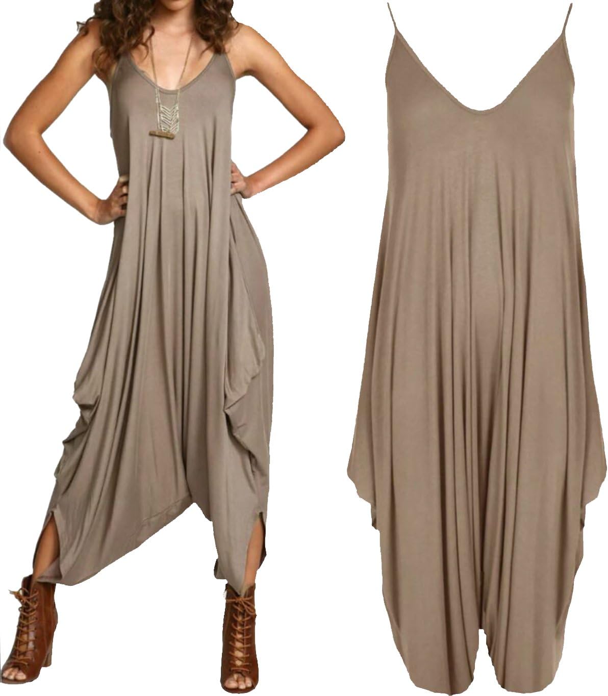 Ladies Womens Lagenlook Strappy Baggy Harem Jumpsuit Play-Suit Dress (one Size(8-26), Mocha)