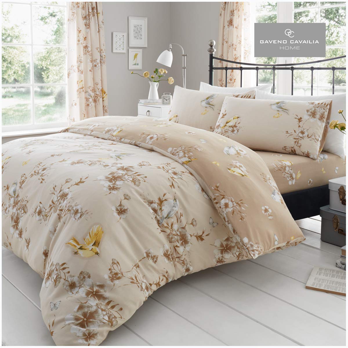 GC GAVENO CAVAILIA Gaveno Cavailia Botanical Birdie Blossom Single Duvet Set Natural Bedding, 2 Piece Cotton Blend Reversible Floral Bedlinen, Easy Care Bedset, 1 Quilt Cover + 1 Pillow Case