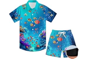 UNICOMIDEA Boys Hawaiian Outfits Tropical Print Button Down Shirt + Swim Trunks 2 Piece Sets for 5-12T Kids