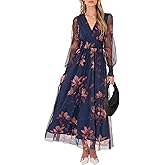 ANRABESS Women's Floral Maxi Dress 2025 Fall V Neck Puff Long Sleeve Flowy Casual Wedding Guest Tea Party Tulle Dresses