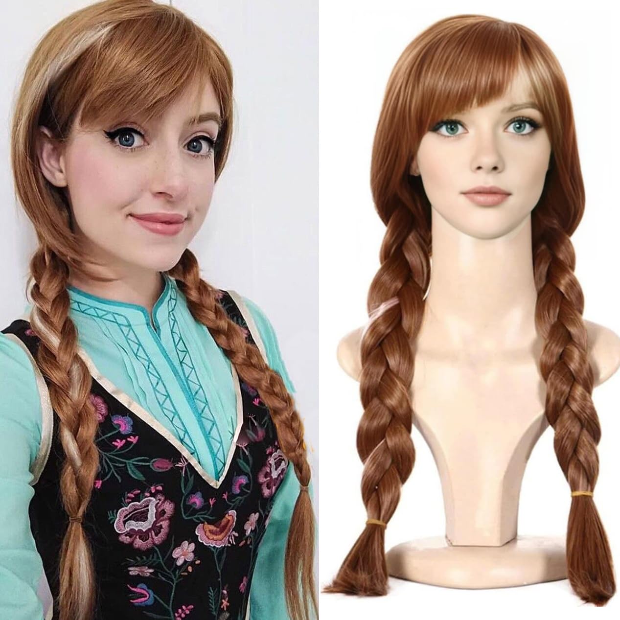 PORSMEER Anna Long Brown Cosplay Wig Halloween Costume Accessory Weaving Double tail Braided Hair Wigs for Women Ladies Fancy Dress Charming Full Hair Long Replacement Wigs
