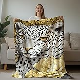 HUNXIAOJ Leopard Throw Blanket Leopard Lover Gifts Animal Print Blanket Floral Animal Decor Warm Soft Flannel for Girls Boys Women Teens Adults Bed Sofa Couch (50 in x 60 in)