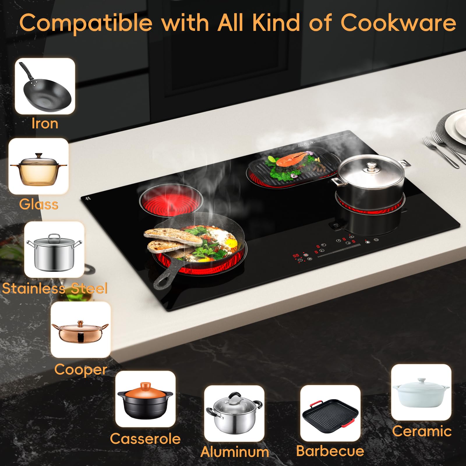 30 inch Electric Cooktop 4 Burner, 7200W Built-in Stove Top Burner with Sensor Touch Control, Radiant Electric Ceramic Cooktop with Safety Lock, 9 Level Power, 99 Min Timer - Hard Wire