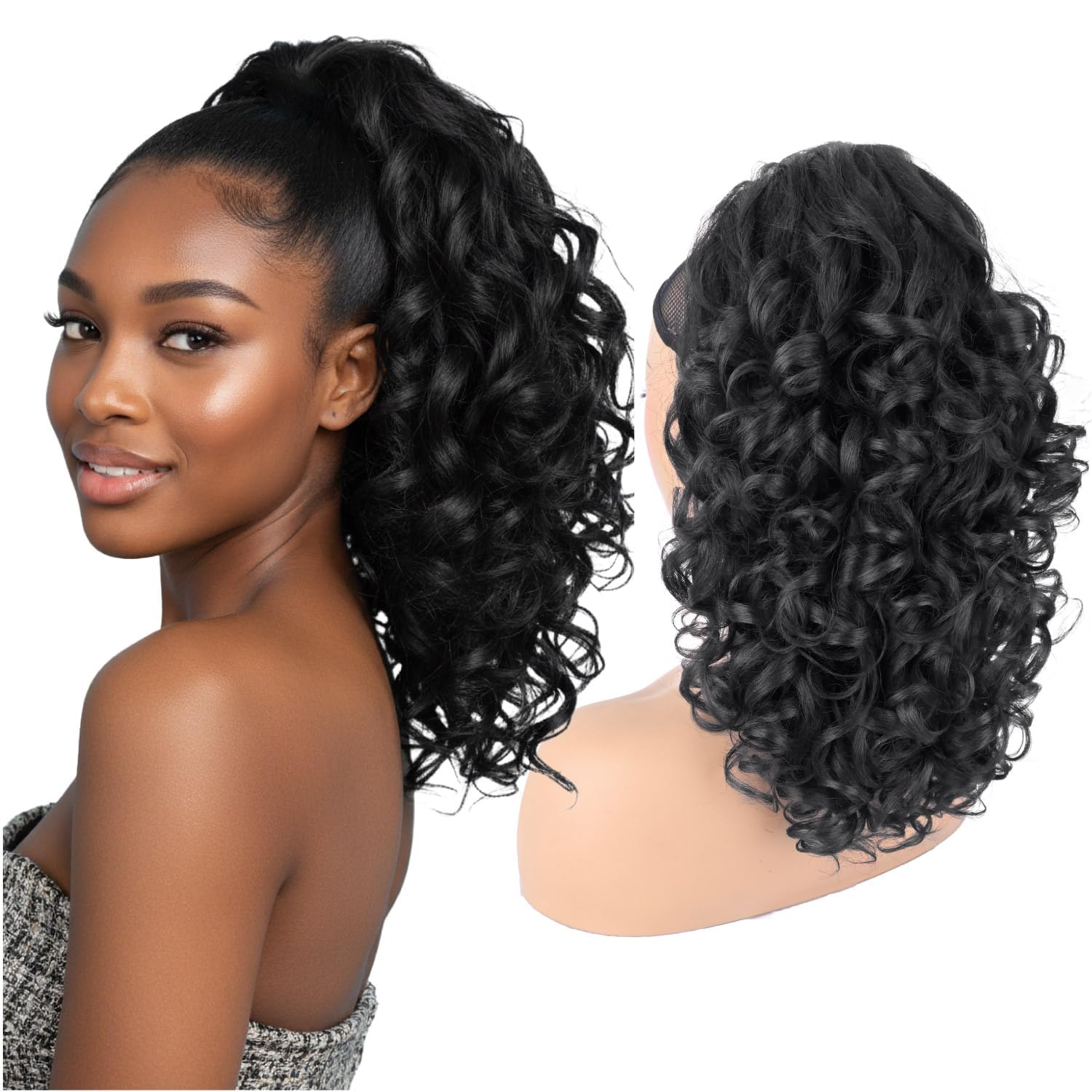 Photo 1 of UAmy hair Curly Drawstring Ponytail Extension for Black Women, Premium 20 Inch Synthetic Yaki Hairpiece with Spiral Curls Natural Looking Voluminous Ponytail(1B Black)