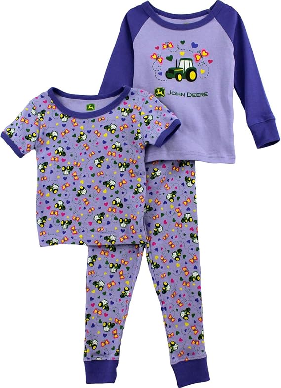 John Deere Toddler and Girls 3 pc Pajamas Set (18M, Lilac Tractor