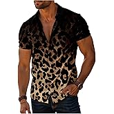 Verdusa Men's Leopard Print Button Down Shirt Short Sleeve Collar V Neck Casual Shirts
