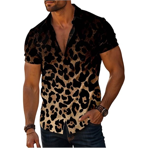BEAUDRM Men's Leopard Shirts Vintage Ombre Cheetah Short