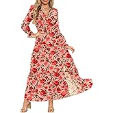 Dokotoo Women's Boho Maxi Dress Sexy V Neck Puff Long Sleeve Ruffle A-Line Split Swing Chiffon Dresses