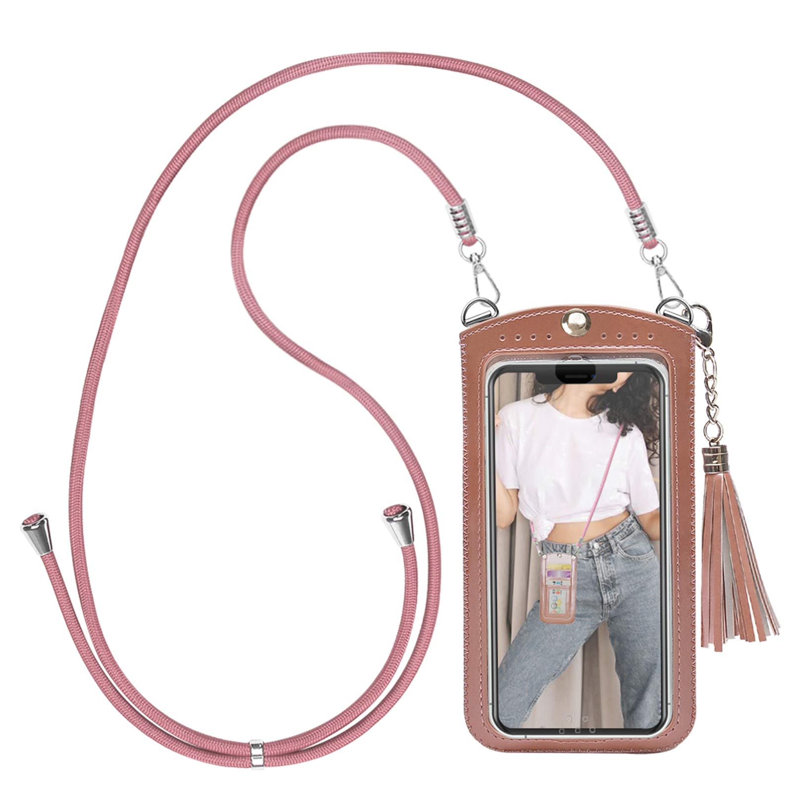 takyu Crossbody Mobile Cell Phone Purse Bag, Small Shoulder Phone Wallet Bag, PU Leather Phone Bag 3 Card Slots Pouch with Nylon Lanyard Strap Compatible with iPhone, Galaxy and Most Smartphone Pink