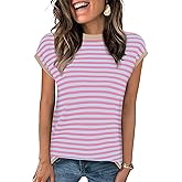Kopinma Cap Sleeve Tops for Women Summer Striped Short Sleeve Sweater Top Crew Neck Sleeveless Vest Spring Going Out Shirts