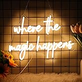 Neonawall Where The Magic Happens Neon Sign Led Light Up Signs for Wall Decor USB Powered Letter Neon Light Signs for Bedroom Wedding Decor Birthday Party Shop Bar Man Cave 16 x 9.6''(Warm White)
