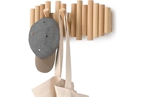 Umbra Picket 5 Hooks, Wall-Mounted Rail, Doubles as Art, Beveled Pine Wood Dowels, Natural Finish
