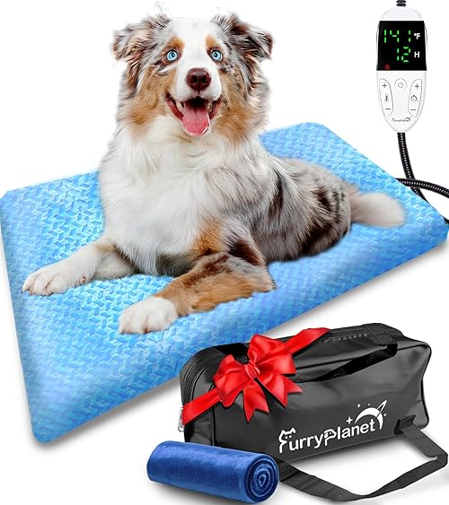 FurryPlanet Upgrade Dog Heating Pad with 2 Covers&840D Storage Bag,Adjustable Temperature Electric Pet Heating Pad with Timer,Waterproof Large Heated Bed Mat with Chew-Proof Cord,L