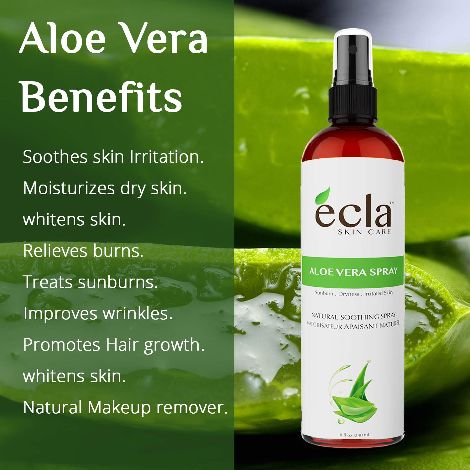 Aloe Vera Spray Mist for Face Body and Hair - Made in Canada with Organic Real Juice (Not Powder) and Seaweed 8 Oz - 240ml Natural Formula Toner to Moisturize and Rebalance Skin and Relieve Sunburns