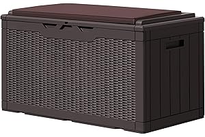 GUNJI 100 Gallon Resin Deck Box with Cushion,Outdoor Weatherproof Large Storage Box,Lockable Storage Container for Patio Furniture,Garden Tools,Pool Supplies (Brown)