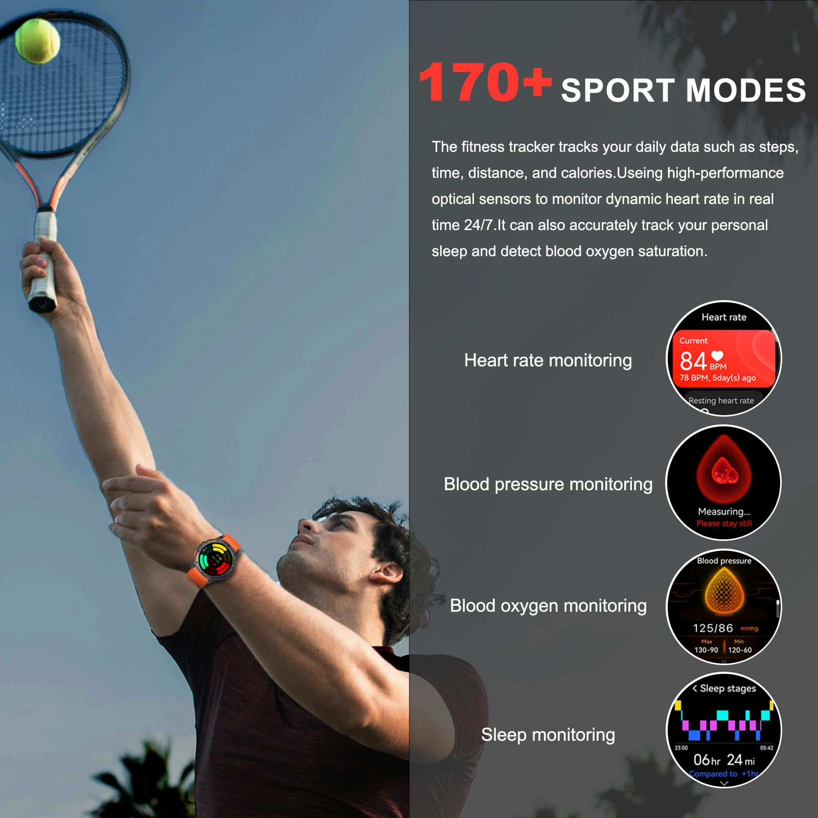 Military Smart Watches Built-in GPS, 170+ Sport Modes for Men with Flashlight, Smartwatch for Android Phones and iPhone, 1.43