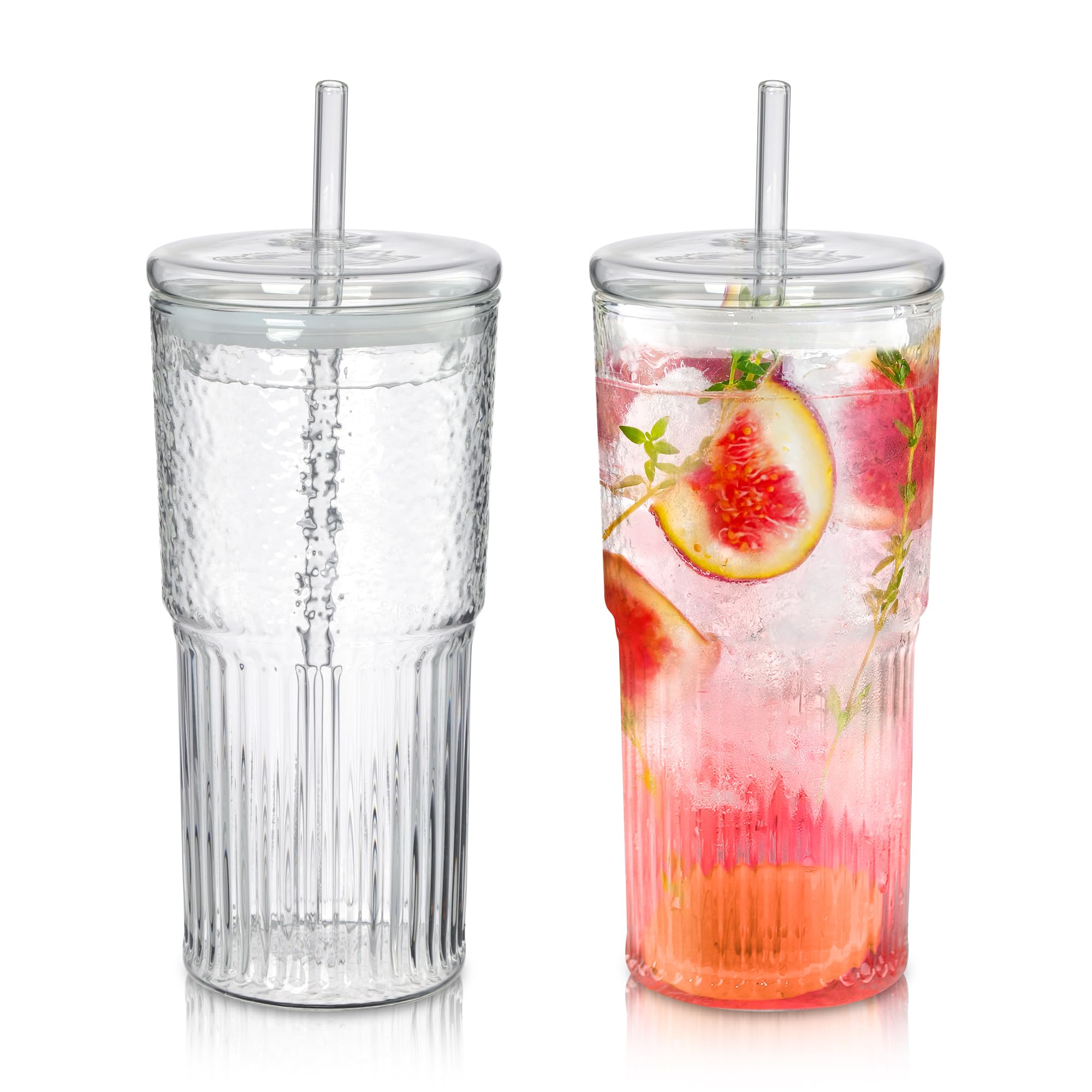 Joeyan 650 ml Glass Tumbler with Straw and Lid for Iced Tea Coffee Smoothie Water Juice Beverages Soda,Clear Borosilicate Glasses Cups,Ribbed Drinking Jar,Set of 2,Dishwasher Safe