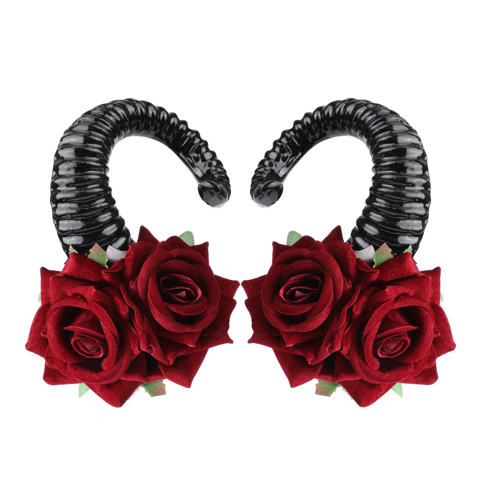 MWOOT Women Halloween Costumes Gothic Demon Horns Hair Clips, Rose Horn Headwear Accessories, Black Sheep Horn with Red Flowers for Devil Witches Cosplay Party Forest Photography Hair Decoration