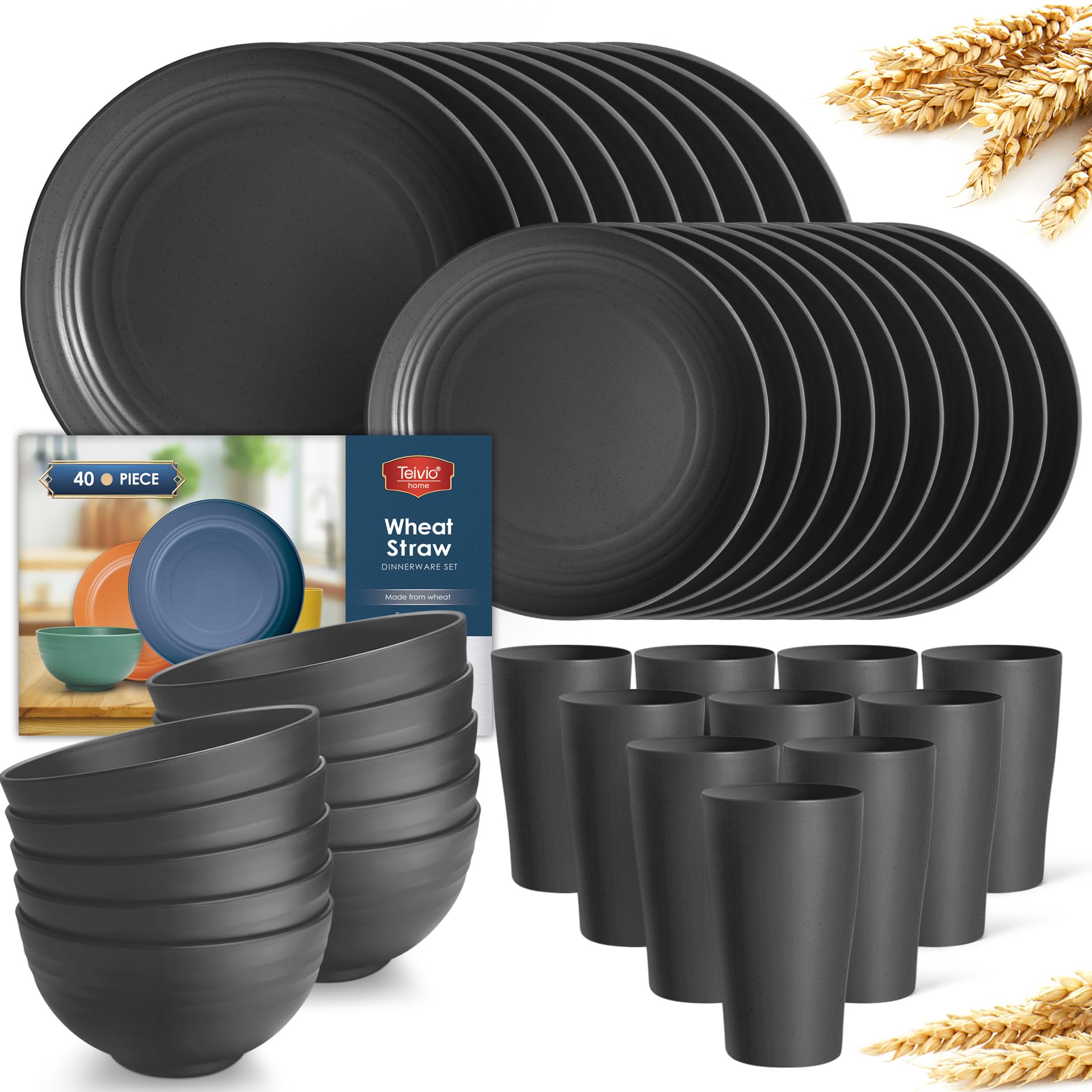 Photo 1 of Teivio 40-Piece Kitchen Plastic Wheat Straw Dinnerware Set, Service for 10, Dinner Plates, Dessert Plate, Cereal Bowls, Cups 13.5 oz, Unbreakable Plastic Outdoor Camping Dishes, Black