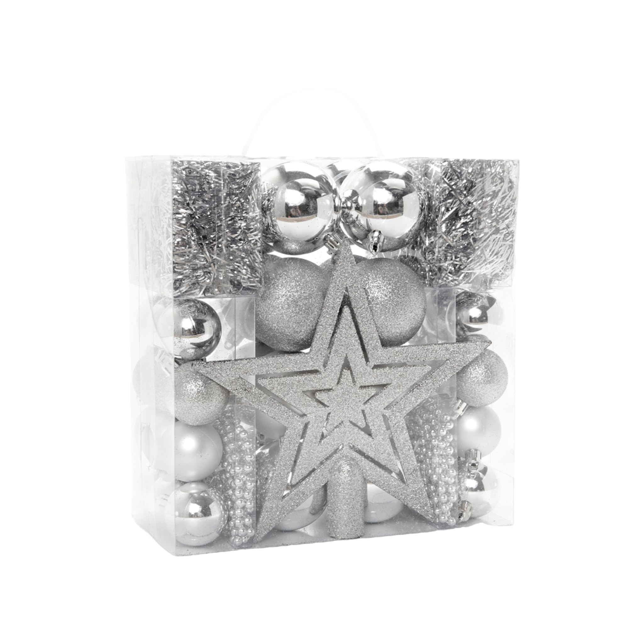 HEITMANN DECO Christmas Tree Decoration, Silver, 45 Pieces, set including tree topper, balls, pearl chains and garlands - plastic