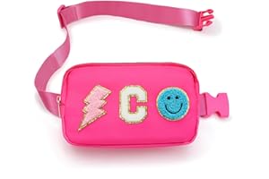 PAINZIETEG Fanny Pack for Girls Crossbody Bag, Pink Chenille C Letter Preppy Nylon Kids Belt Bag for Birthday Christmas Graduation Personalized Gifts for Girls Teen Women Fanny Pack
