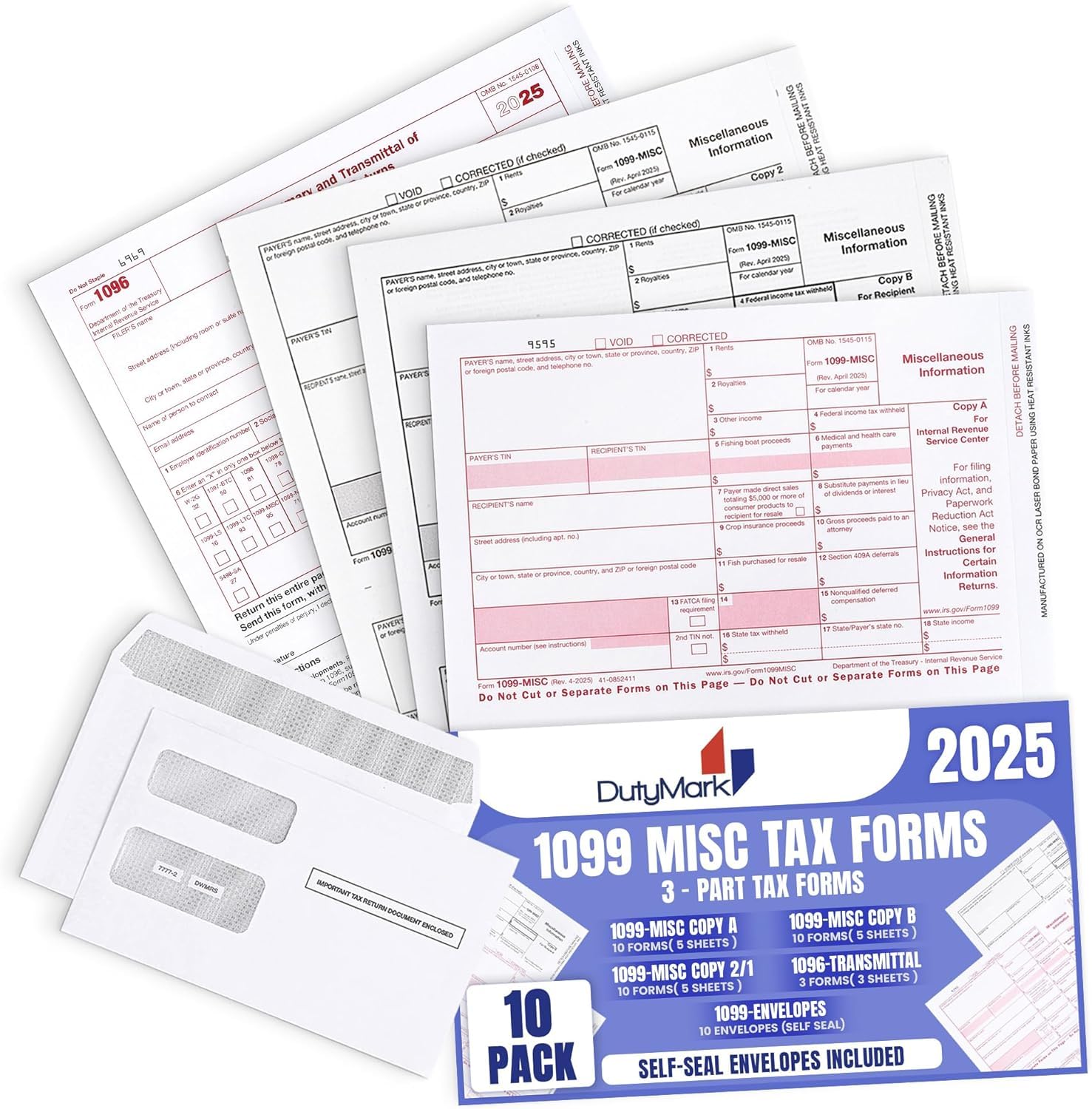 Photo 1 of 1099 Misc Tax Forms 2025 Complete 3-Part Laser - Kit for 10 Vendors, and 10 Self-Seal Envelopes Good for QB and Accounting Software,1099 Misc 2025