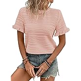 Samefar Womens Crewneck Texture Ruffle Shorts Sleeve Shirts Casual Loose Flowy Tee Tops Blouses Fashion Outfits Trendy