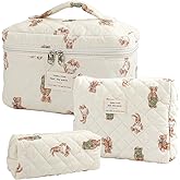 YINGJEE Large Quilted Makeup Bag for Women and Girls, Cute Coquette Floral Cotton Cosmetic Bag, Aesthetic Travel Organized Toiletry Bags (06-beige bears)