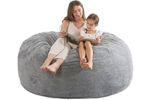 EDUJIN [Sherpa Cover] Giant Bean Bag Chair: 5 ft Bean Bag Chairs for Adults/Kids with Filling,Ultra Soft Faux Fur Fabric,Memory Foam Bean Bag with Filler Included - 5 Foot,Heather Gray