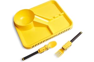 Dinneractive Dining Set For Kids - 3PC Yellow Firefighter Dinnerware - Fire Truck Utensils - Toddler Plates - Baby Dishes
