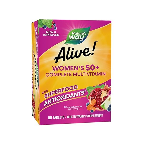 NATURE’S WAY ALIVE! WOMEN’S 50+ COMPLETE MULTIVITAMINS, SUPPORTS HEALTHY HEART, BRAIN, BONES*, SUPERFOOD ANTIOXIDANTS(1), B-VITAMINS, GLUTEN FREE, 50 TABLETS (PACKAGING MAY VARY)