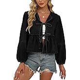 D-Sun Women Fall Peplum Babydoll Denim Shirt Tie Front Long Puff Sleeves Jean Blouse Y2K Cropped Bow Open Front Top