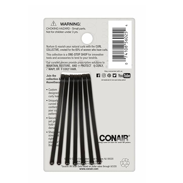 CONAIR THE CURL COLLECTIVE BOBBY PINS FOR CURLY HAIR, BLACK, 8-PIECE SET – SECURE HOLD, DAMAGE-FREE STYLING, CUSTOM-DESIGNED FOR NATURAL CURLS, WAVY & COILY HAIR, ANTI-SLIP GRIP