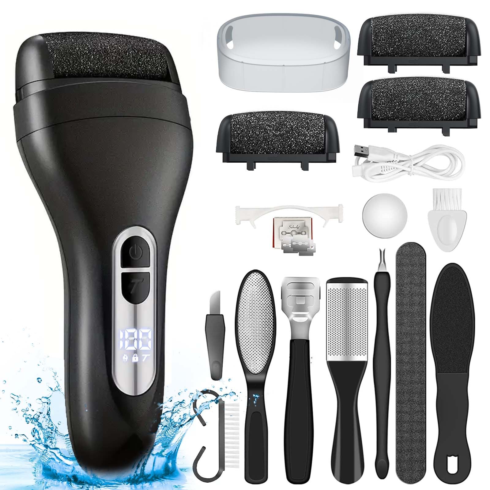 Electric Callus Remover for Feet - with Larger Grinding Head, Portable Pedicure Kit Foot File Callus Remover, Rechargeable Waterproof Foot File for Foot Care Deadskin Remover LCD Display-Black