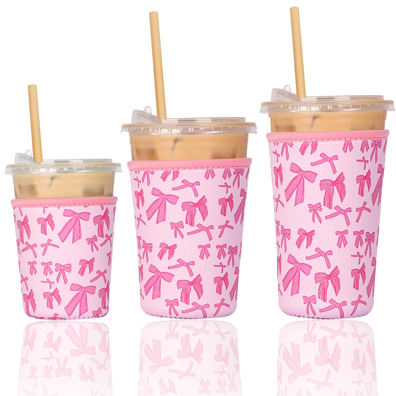 Photo 1 of *ONLY 1 SLEEVE* Reusable Iced Coffee Cup Sleeve, Insulated Neoprene, Beverage Holder for iced coffee, Durable Drink Sleeve for Cold Beverages, Pink Bows