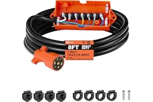 Filluck SAE 7 Way Trailer Plug with Junction Box,Waterproof Double Prongs Connector,Light & Brake Control 7 Inline Trailer Cable for SAE Standard -8 Feet