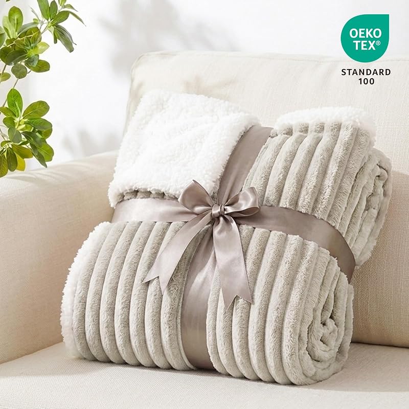 Manta Cama Invierno para Cama 180/200, Sherpa Franela Reversible Polar con Cordón para Sofá, Borreguito Gruesa, Suave, Caliente, Sillón, Transpirable para Invierno (Beige, 220 x 240 cm)