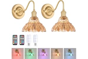 Shenmoyl Battery Operated Wall Sconce Set of 2, Vintage Rechargeable Wall Lights with Amber Lily Glass Shade, Wireless Indoor Wall Lamp with Remote for Bedroom Living Room Bathroom