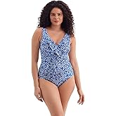 Longitude by Mimi Flamingo Women's Swimwear Fine China Ruffle Front Surplice One Piece Swimsuit, Blue/White, 12