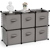 Leinuosen 6 Cube Storage Organizer with Fabric Bins, Wire Grid Stackable Shelves, Drawer Closet Organizer, Modular Storage Units for Bedroom Living Room Office Clothes Toys Crafts(Black,Gray)